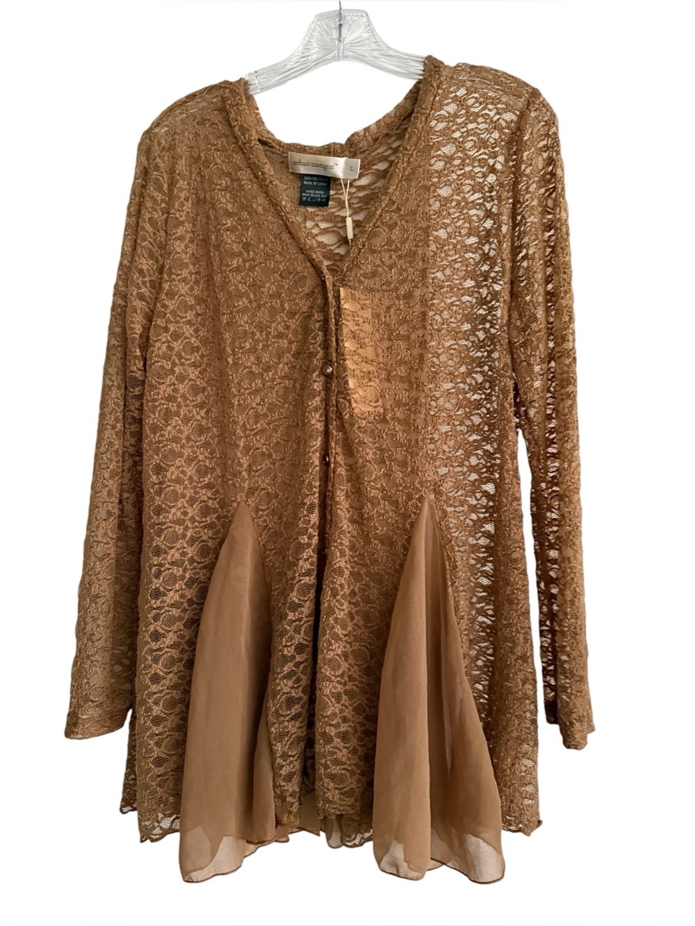 Urban Mangoz Boho Floral Lace Cardigan Top Sheer Button Front L SW1036mocL NWT